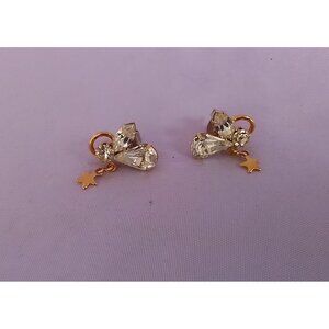 Vintage Gold Tone Crystal Angel Stud Earrings w/ Star Charms, Elegant & Delicate